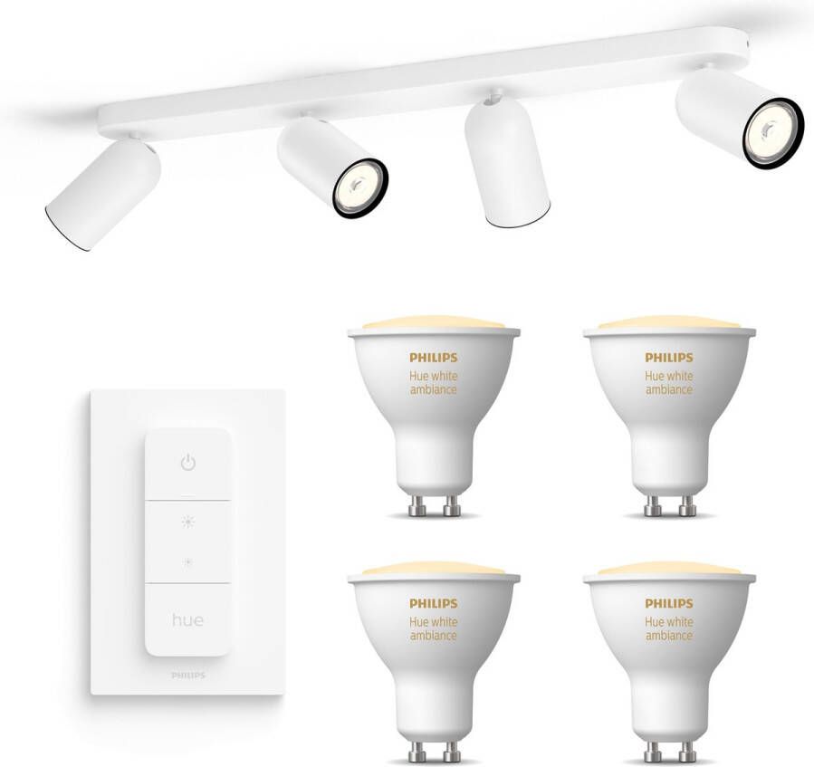 Philips Hue Philips myLiving Pongee Opbouwspot Wit Incl. White Ambiance GU10 & Dimmer Spotjes Opbouw 4 Spots Werkt met Alexa en Google Home