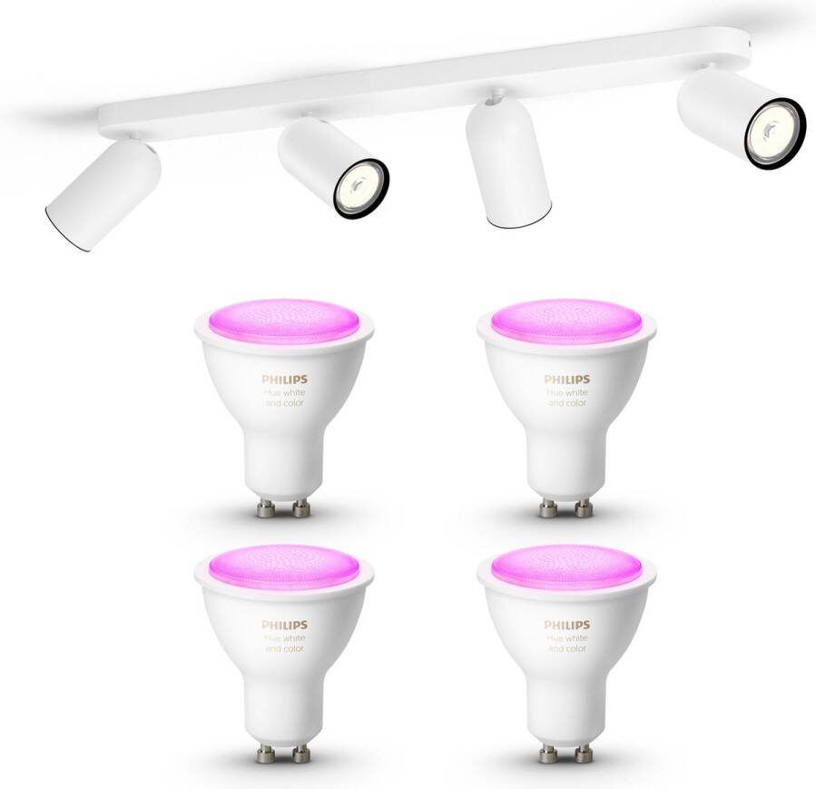 Philips Hue Philips myLiving Pongee Opbouwspot Wit Incl. White & Color Ambiance GU10 Spotjes Opbouw 4 Spots Werkt met Alexa en Google Home