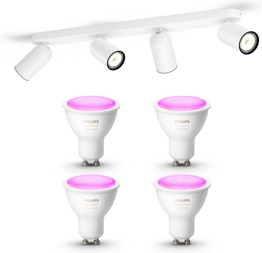 Philips Hue Philips myLiving Pongee Opbouwspot Wit Incl. White & Color Ambiance GU10 Spotjes Opbouw 4 Spots Werkt met Alexa en Google Home