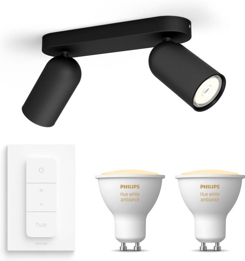 Philips Hue Philips myLiving Pongee Opbouwspot Zwart 2 Lichtpunten Spotjes Opbouw Incl. White Ambiance GU10 & Dimmer Bluetooth
