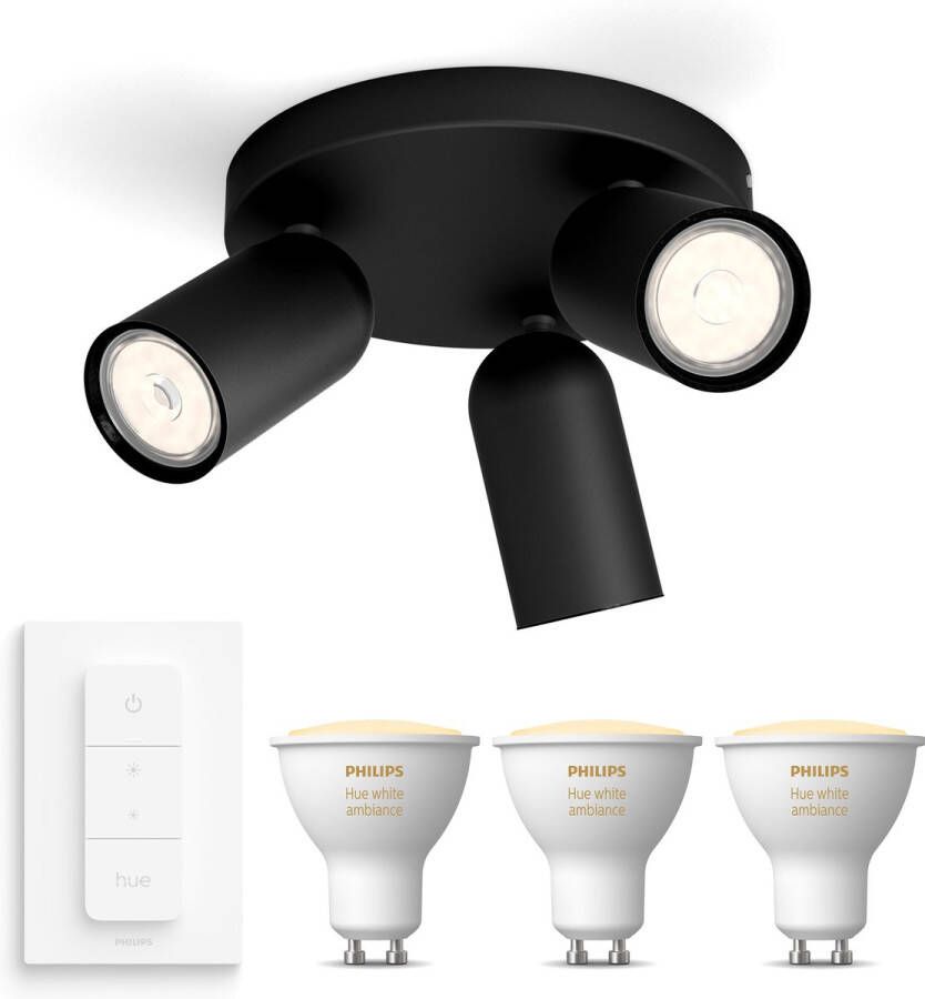 Philips Hue Philips myLiving Pongee Opbouwspot Zwart 3 Lichtpunten Spotjes Opbouw Incl. White Ambiance GU10 & Dimmer Bluetooth
