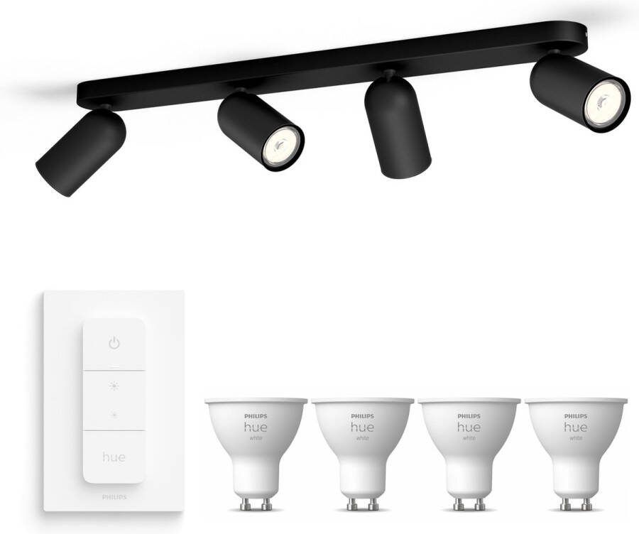Philips Hue Philips myLiving Pongee Opbouwspot Zwart Incl. White GU10 en Dimmer Switch Spotjes Opbouw 4 Spots Werkt met Alexa en Google Home