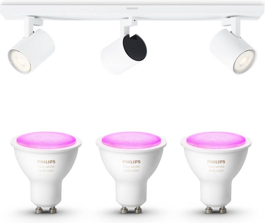 Philips Hue Philips myLiving Runner Opbouwspot Wit Incl. White & Color Ambiance GU10 Spotjes Opbouw 3 Spots Werkt met Alexa en Google Home