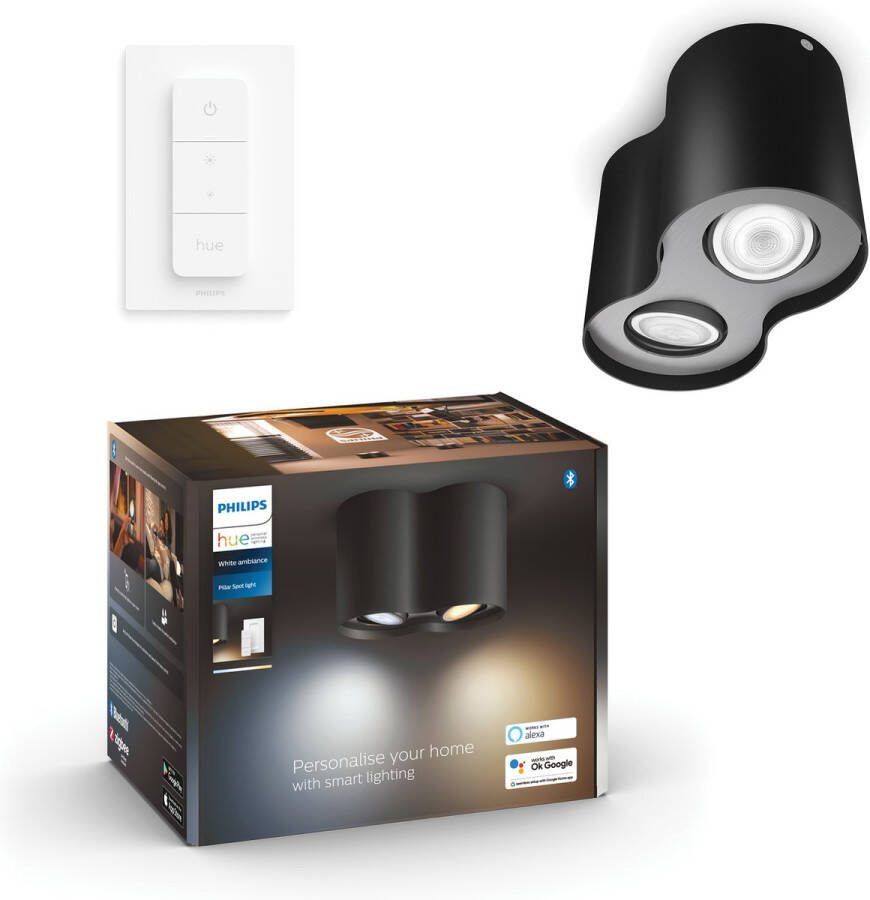Philips Hue Pillar Opbouwspot White Ambiance GU10 Zwart 2 x 5W Bluetooth incl. Dimmer Switch