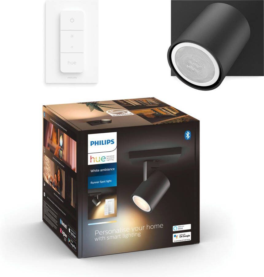 Philips Hue Runner opbouwspot warm tot koelwit licht 1-spot zwart 1 dimmer switch