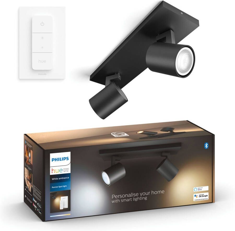 Philips Hue Runner opbouwspot warm- tot koelwit licht 2 spots- zwart 1 dimmer switch GU10