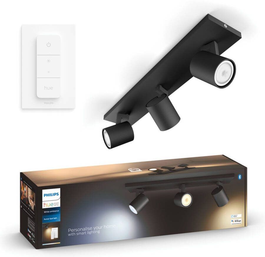 Philips Hue Runner opbouwspot warm tot koelwit licht 3-spots zwart 1 dimmer switch