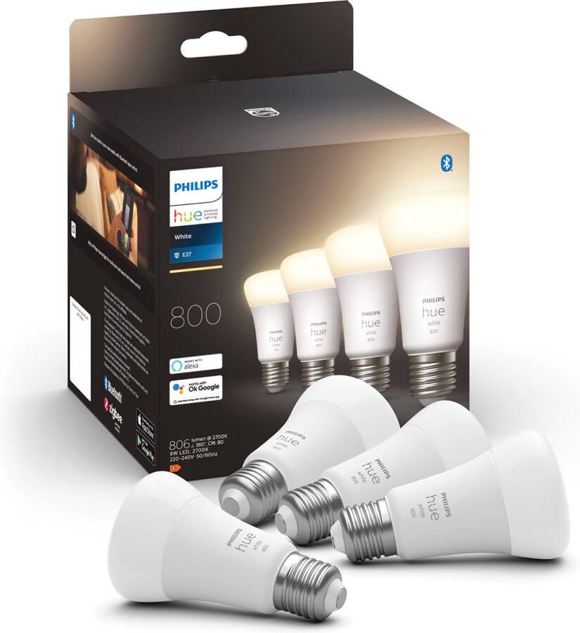 Philips lighting Hue LED-lamp (4 stuks) 871951431914100 Energielabel: F (A G) Hue White E27 Viererpack 4x800lm 60W E27 36 W Warmwit Energielabel: F (A G)