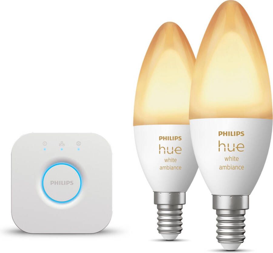 Philips Hue Starterspakket E14 White Ambiance 2 Hue LED Kaarslampen en Bridge Eenvoudige Installatie Werkt met Alexa en Google Home