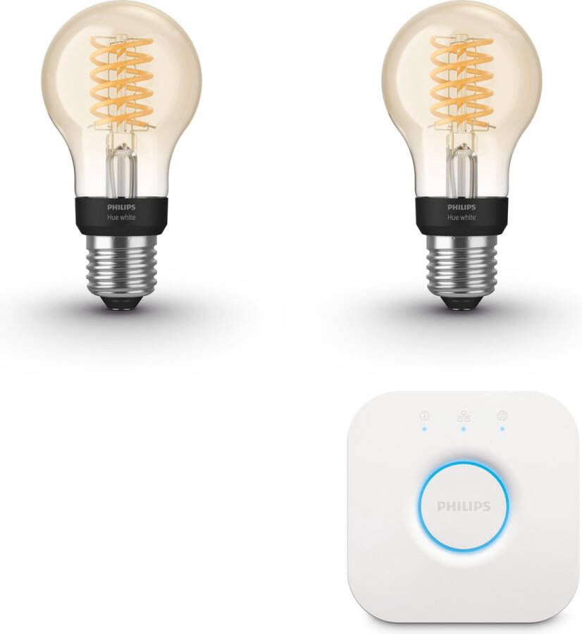 Philips Hue Starterspakket E27 Filament met Bridge 2 Hue E27 Filament Lampen Warmwit Licht Eenvoudige Installatie Werkt met Alexa en Google Home