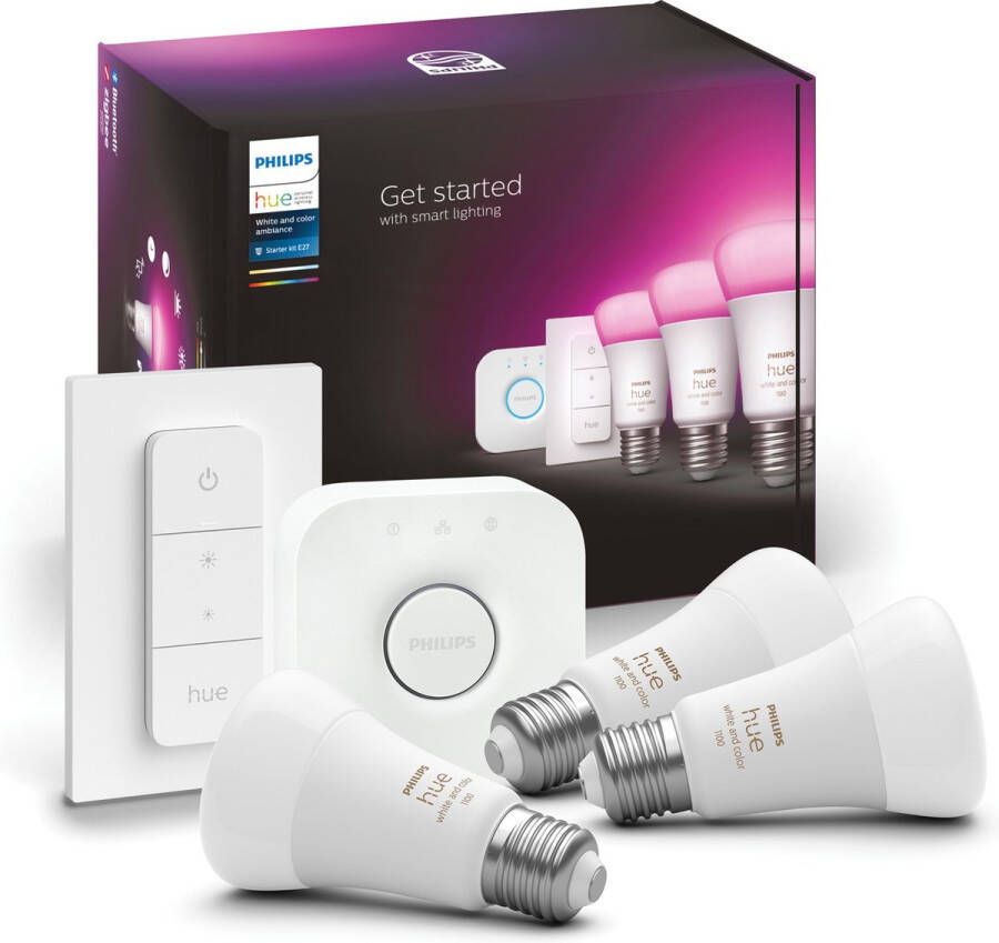 Philips Hue starterspakket E27 Lichtbron met Bridge en 1 Dimmer Switch White and Color Ambiance 3 x 9W Bluetooth