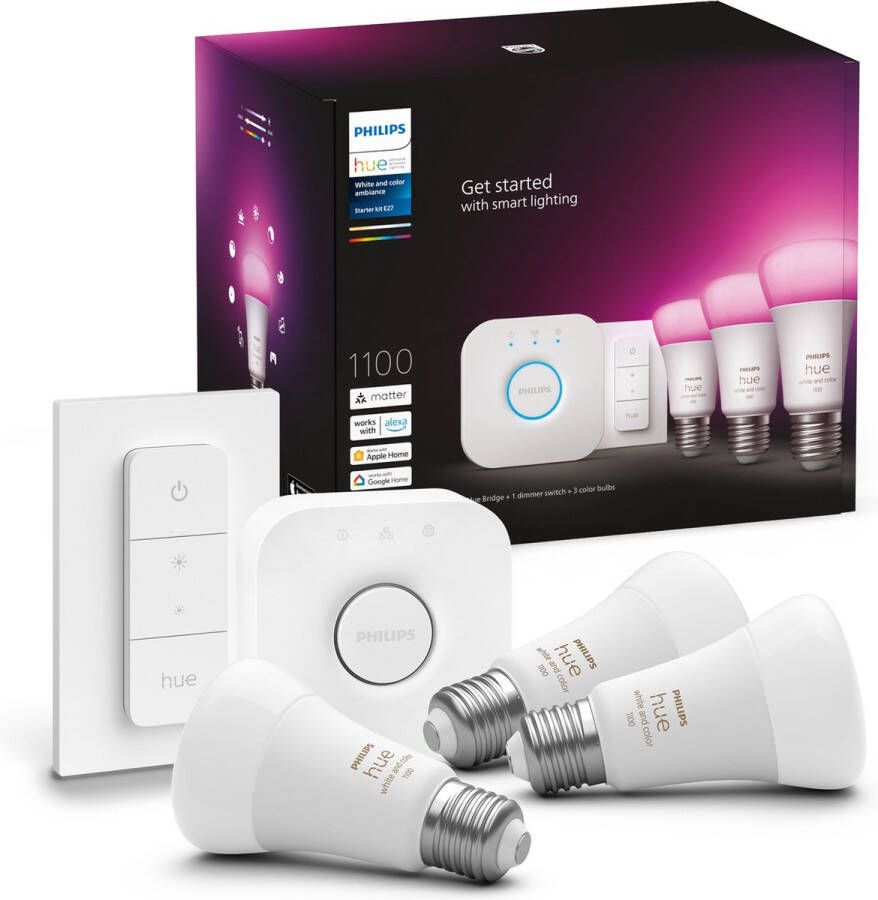Philips Hue starterspakket E27 Lichtbron met Bridge en 1 Dimmer Switch White and Color Ambiance 3 x 9W Bluetooth