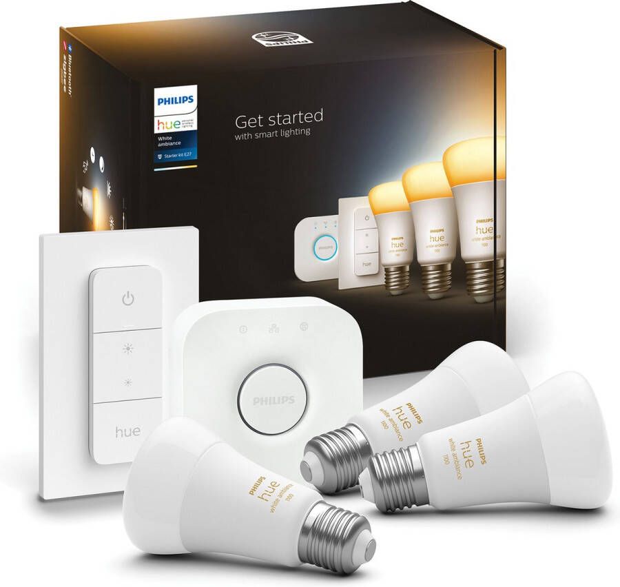 Philips Hue Starterspakket E27 Lichtbron met Bridge en Dimmer Switch White Ambiance 3 x 9 5W Bluetooth