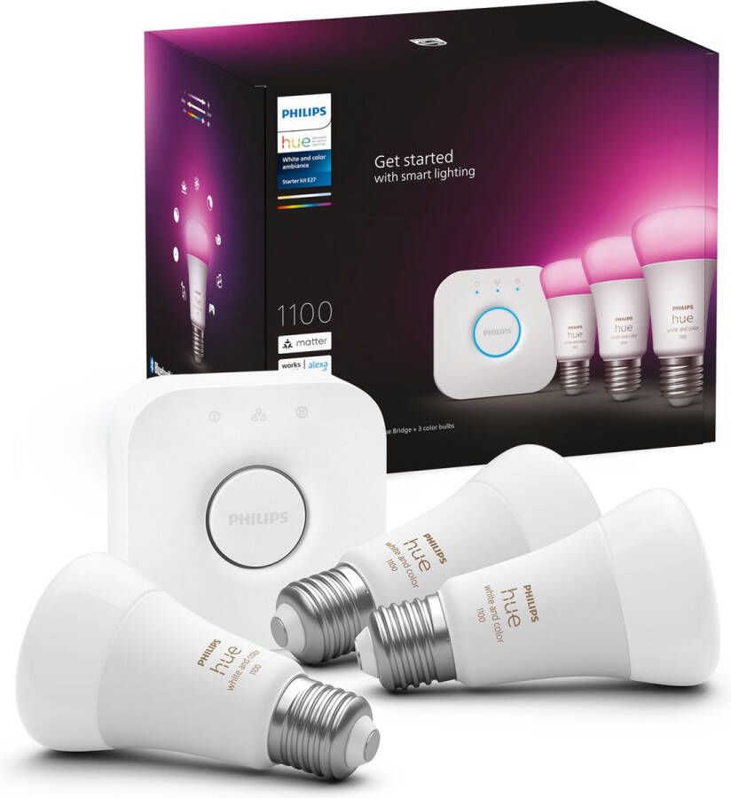 Philips Hue White and Color Ambiance Starterkit E27 Wit en gekleurd licht Slimme bediening met app of stem* Inclusief Hue Bridge
