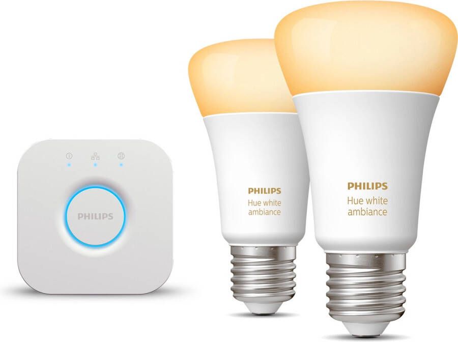 Philips Hue Starterspakket E27 White Ambiance 2 Hue E27 LED Lampen en Bridge Eenvoudige Installatie Werkt met Alexa en Google Home