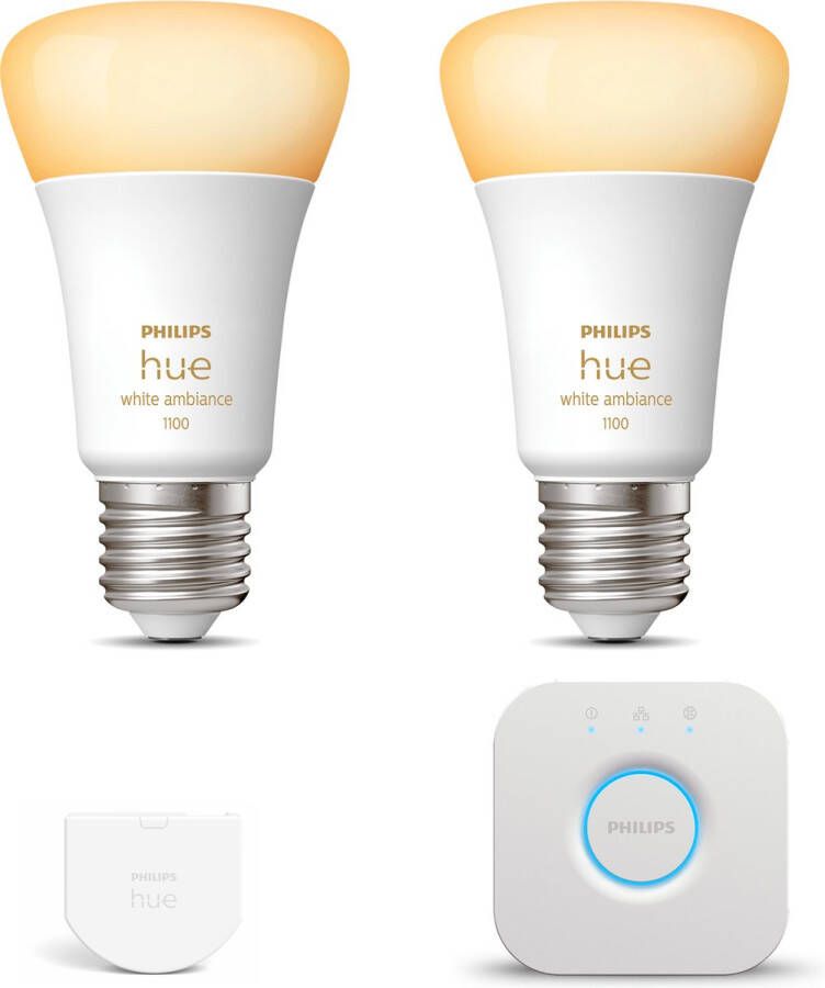 Philips Hue Starterspakket E27 White Ambiance 2 Hue Lampen Wall Switch en Bridge Eenvoudige Installatie Werkt met Alexa en Google Home