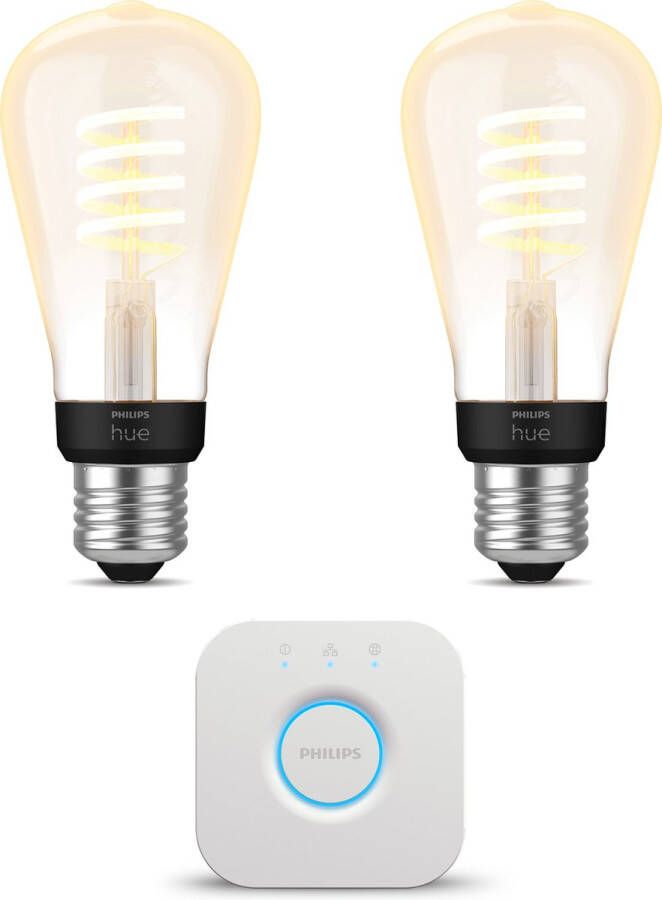 Philips Hue Starterspakket E27 White Ambiance Filament Edison klein 2 Hue LED Lampen en Bridge Eenvoudige Installatie Werkt met Alexa en Google Home