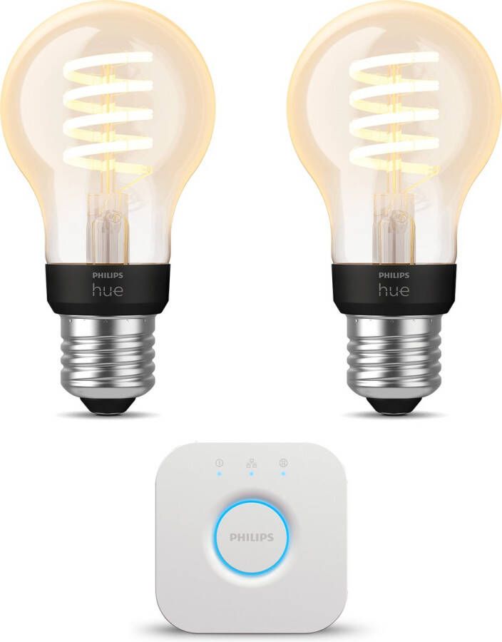 Philips Hue Starterspakket E27 White Ambiance Filament Standaard 2 Hue E27 LED Lampen en Bridge Eenvoudige Installatie Werkt met Alexa en Google Home