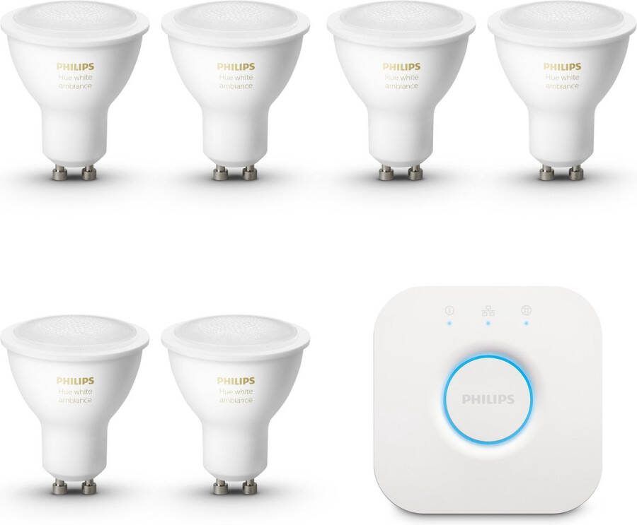 Philips Hue Starterspakket GU10 Lichtbron met Bridge White Ambiance 6 x 5W Bluetooth