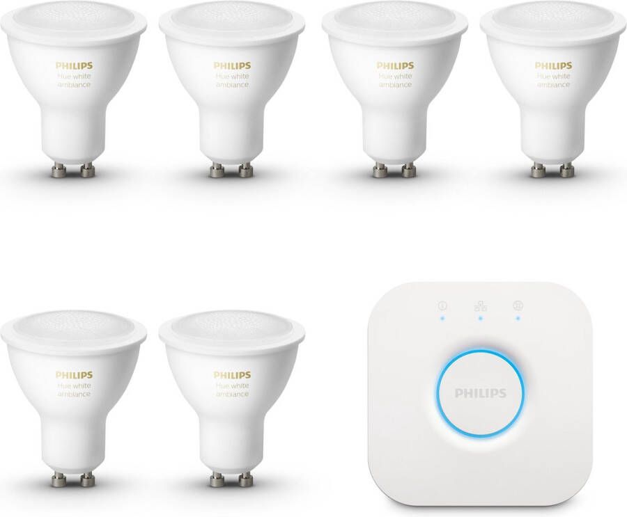Philips Hue Starterspakket White Ambiance GU10 6 Hue Lampen met Bridge Eenvoudige Installatie Werkt met Alexa en Google Home