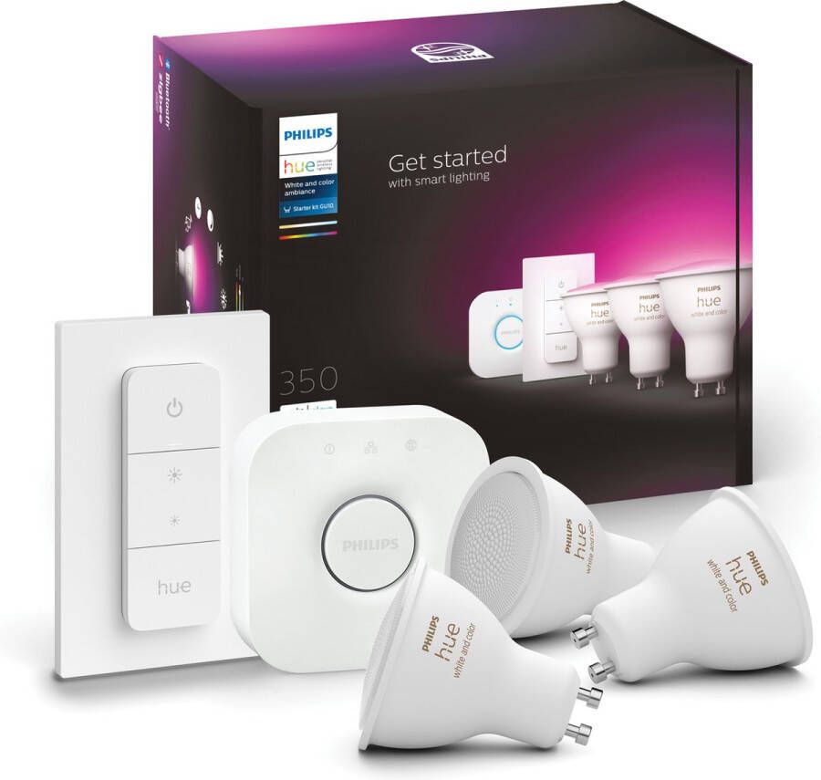 Philips Hue Starterspakket GU10 Spot Lichtbron met Bridge en dimmer switch White and Color Ambiance 3 x 5 7W Bluetooth