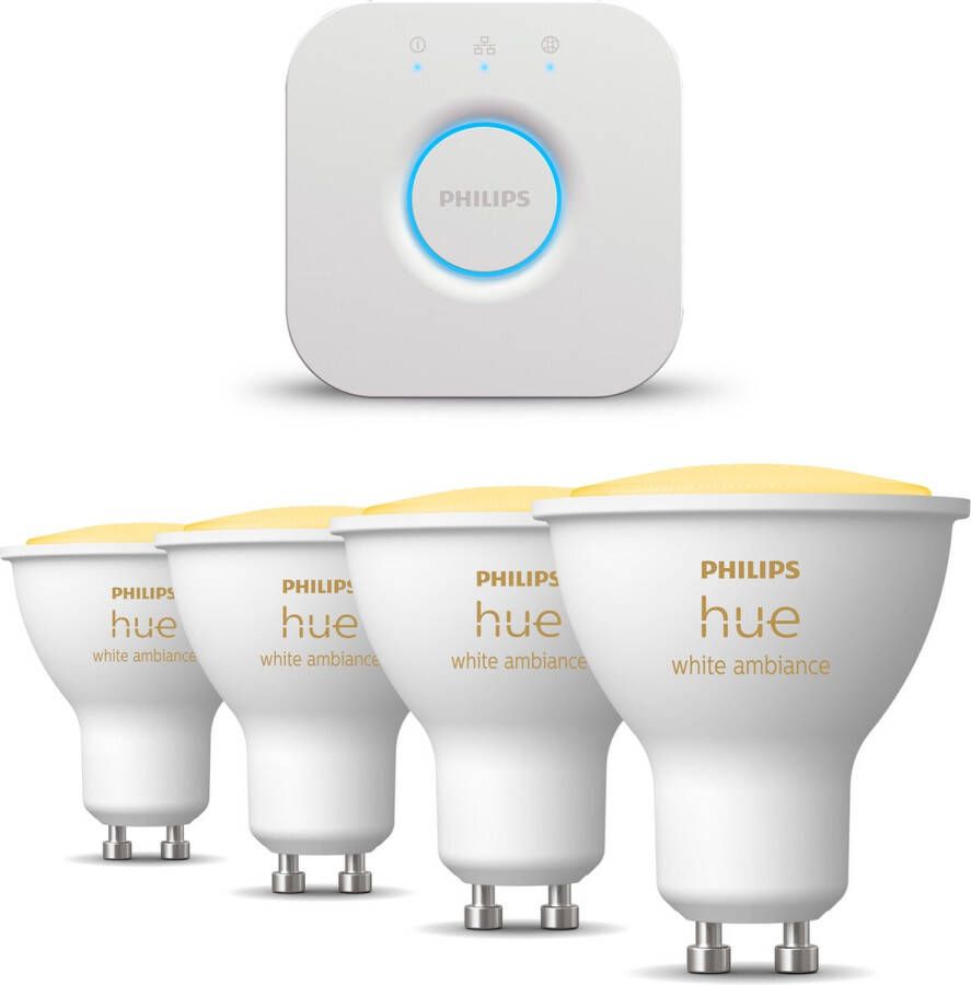 Philips Hue Starterspakket GU10 White Ambiance 4 Hue GU10 Lampen met Bridge Eenvoudige Installatie Werkt met Alexa en Google Home