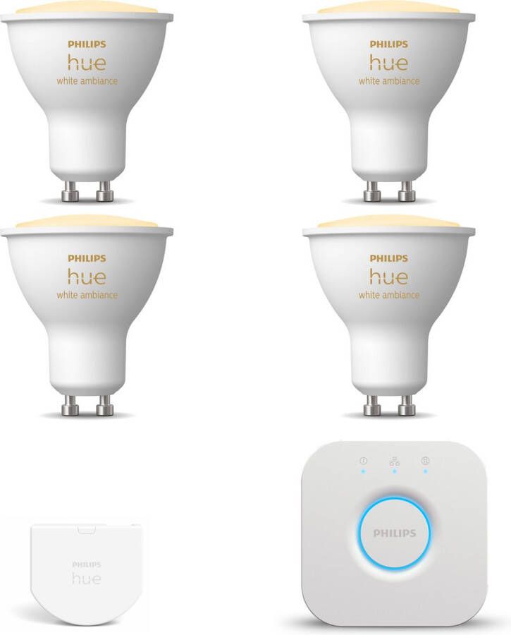 Philips Hue Starterspakket GU10 White Ambiance 4 Hue GU10 LED Lampen Bridge en Wall Switch Eenvoudige Installatie Werkt met Alexa en Google Home