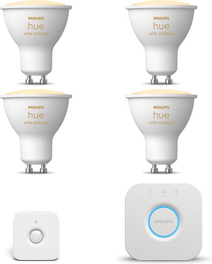 Philips Hue Starterspakket GU10 White Ambiance 4 Hue GU10 LED lampen en Bridge Bewegingssensor binnen Eenvoudige Installatie Werkt met Alexa en Google Home