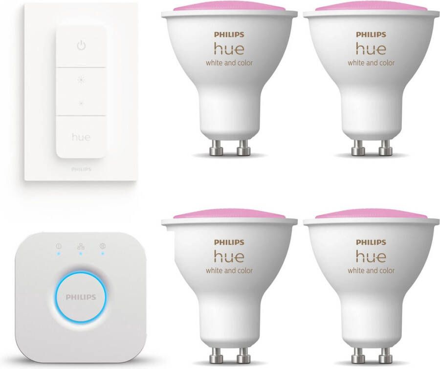 Philips Hue Starterspakket GU10 White and Color Ambiance 4 Hue GU10 Lampen Bridge en Dimmer Switch Eenvoudige Installatie Werkt met Alexa en Google Home