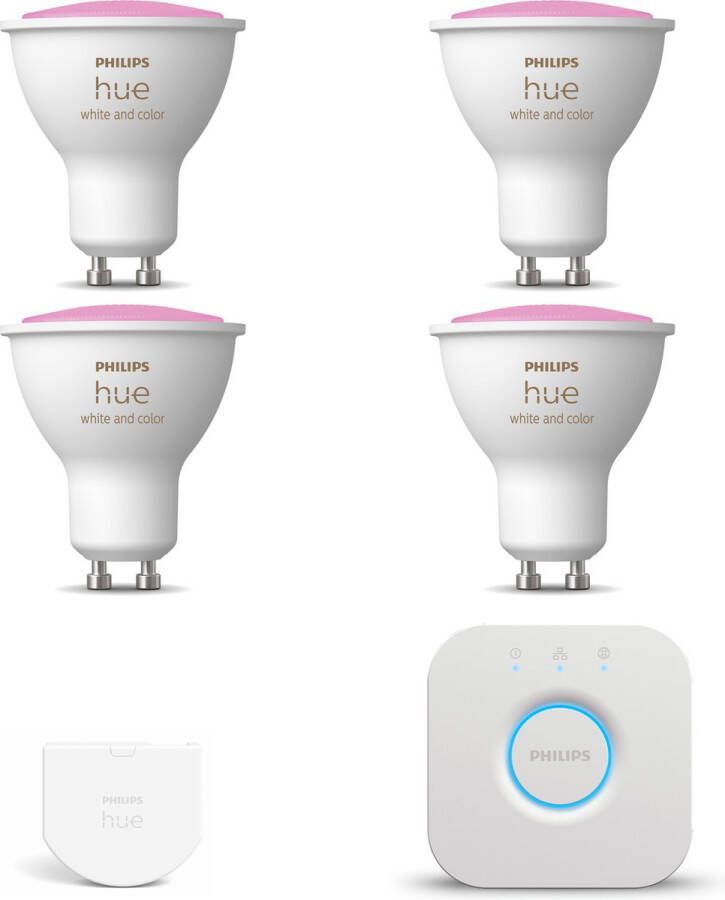 Philips Hue Starterspakket GU10 White and Color Ambiance 4 Hue GU10 LED Lampen Bridge en Wall Switch Eenvoudige Installatie Werkt met Alexa en Google Home