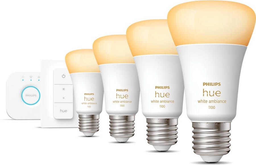 Philips Hue Starterspakket White Ambiance E27 4 Hue LED Lampen 1 bridge 1 dimmer Switch