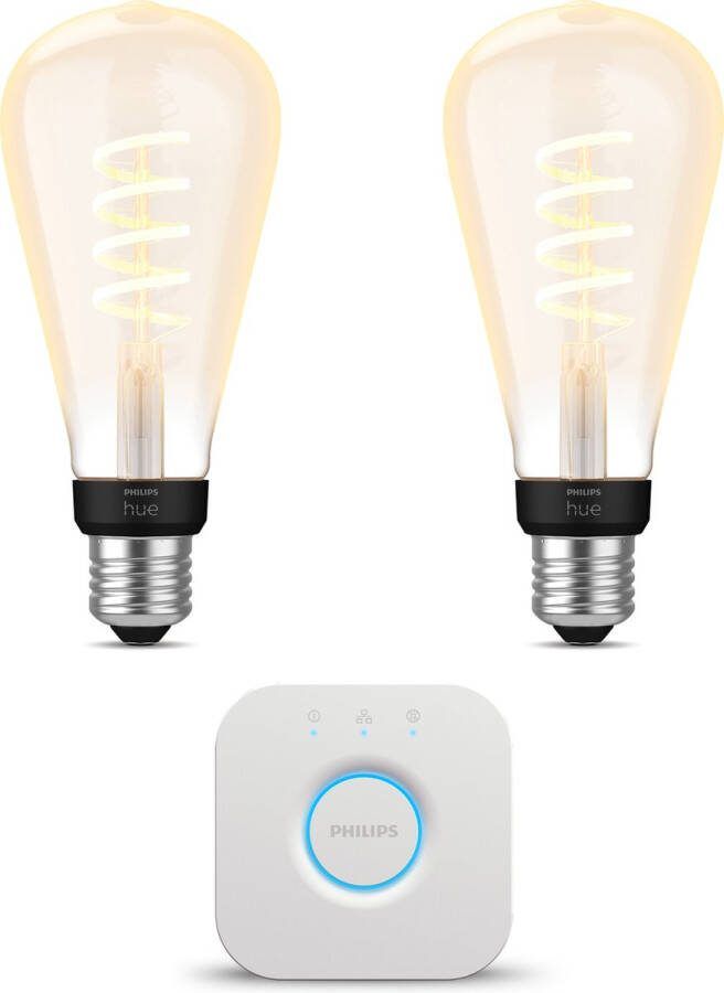 Philips Hue Starterspakket E27 White Ambiance Filament Edison groot 2 Hue LED Lampen en Bridge Eenvoudige Installatie Werkt met Alexa en Google Home