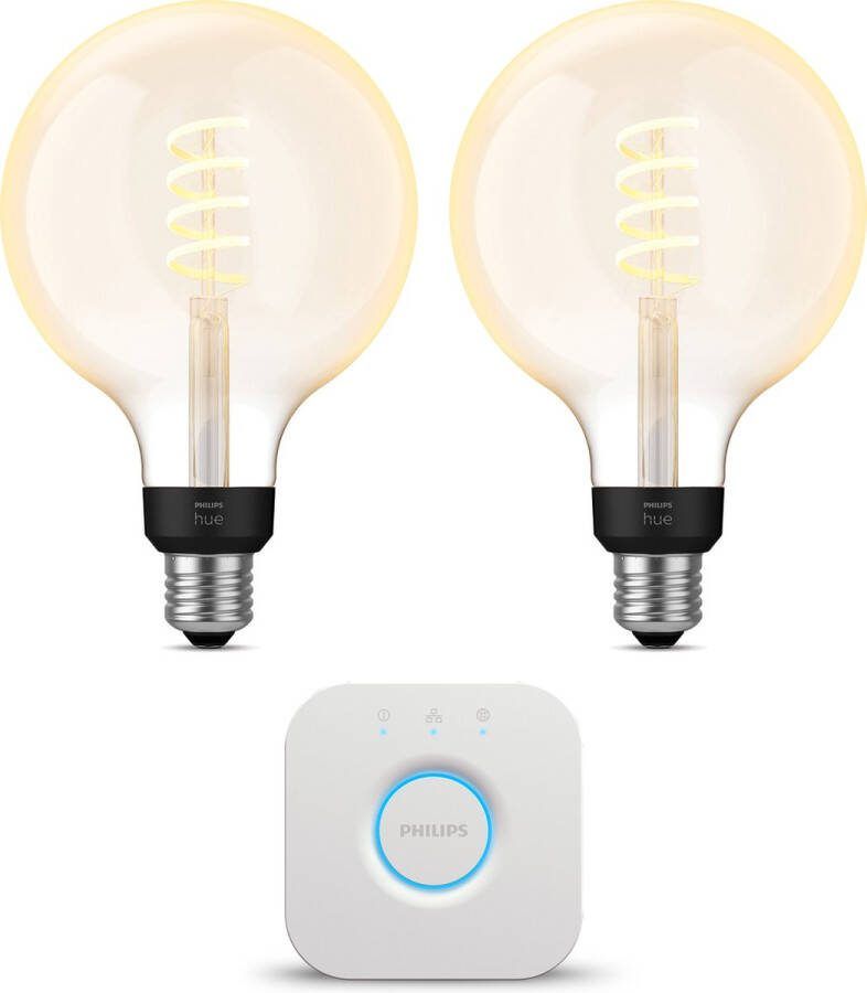 Philips Hue Starterspakket E27 White Ambiance Filament Globe groot 2 Hue LED Lampen en Bridge Eenvoudige Installatie Werkt met Alexa en Google Home