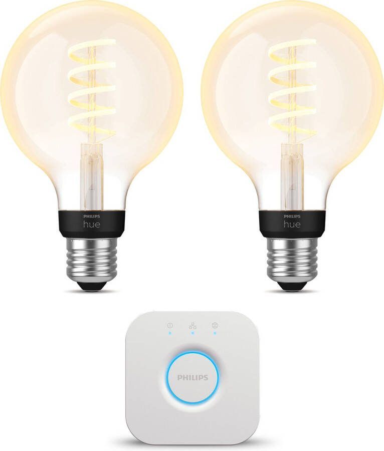 Philips Hue Starterspakket E27 White Ambiance Filament Globe klein 2 Hue LED Lampen en Bridge Eenvoudige Installatie Werkt met Alexa en Google Home