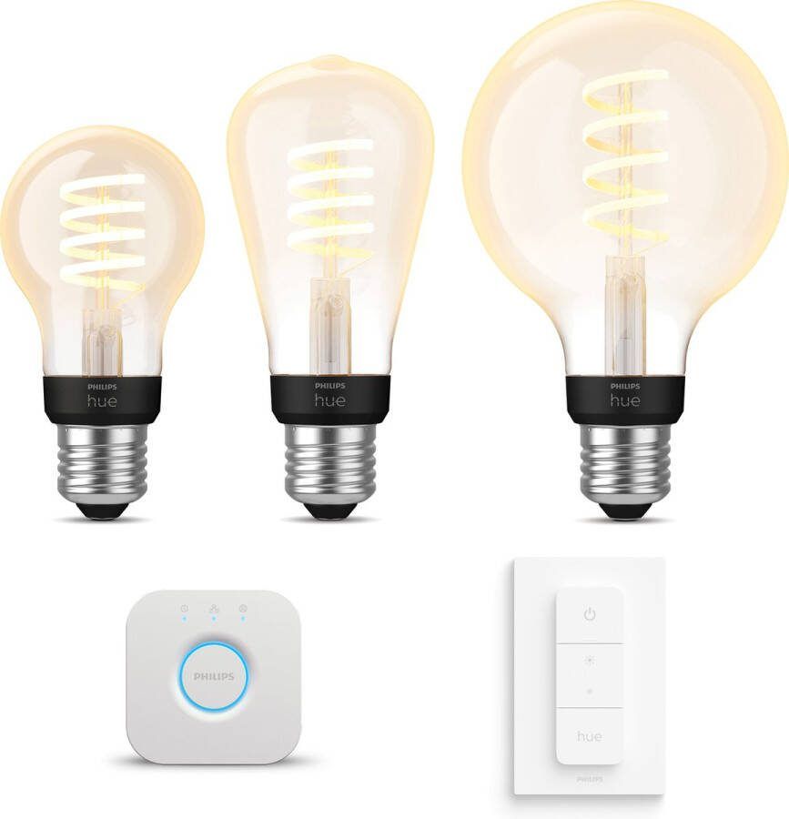 Philips Hue Starterspakket E27 White Ambiance Filament Standaard Filament Edison klein Filament Globe klein Dimmer Switch en Bridge Eenvoudige Installatie Werkt met Alexa en Google Home
