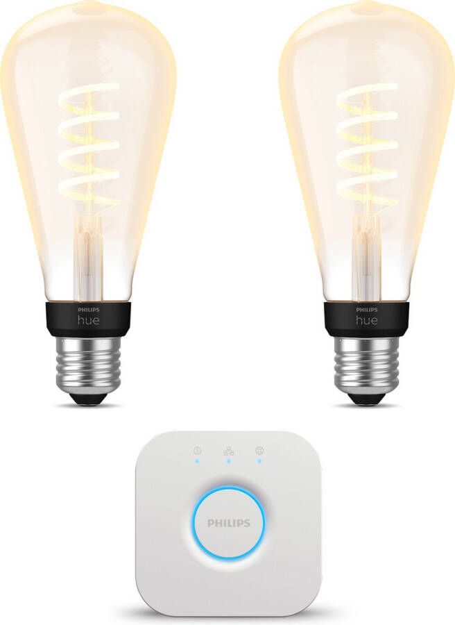 Philips Hue Starterspakket White Ambiance E27 Filament Edison groot 2 Hue LED Lampen en Bridge Eenvoudige Installatie Werkt met Alexa en Google Home