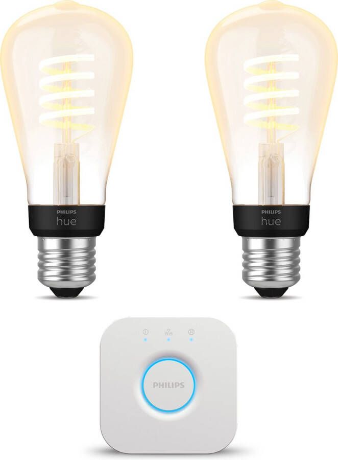 Philips Hue Starterspakket White Ambiance E27 Filament Edison klein 2 Hue LED Lampen en Bridge Eenvoudige Installatie Werkt met Alexa en Google Home