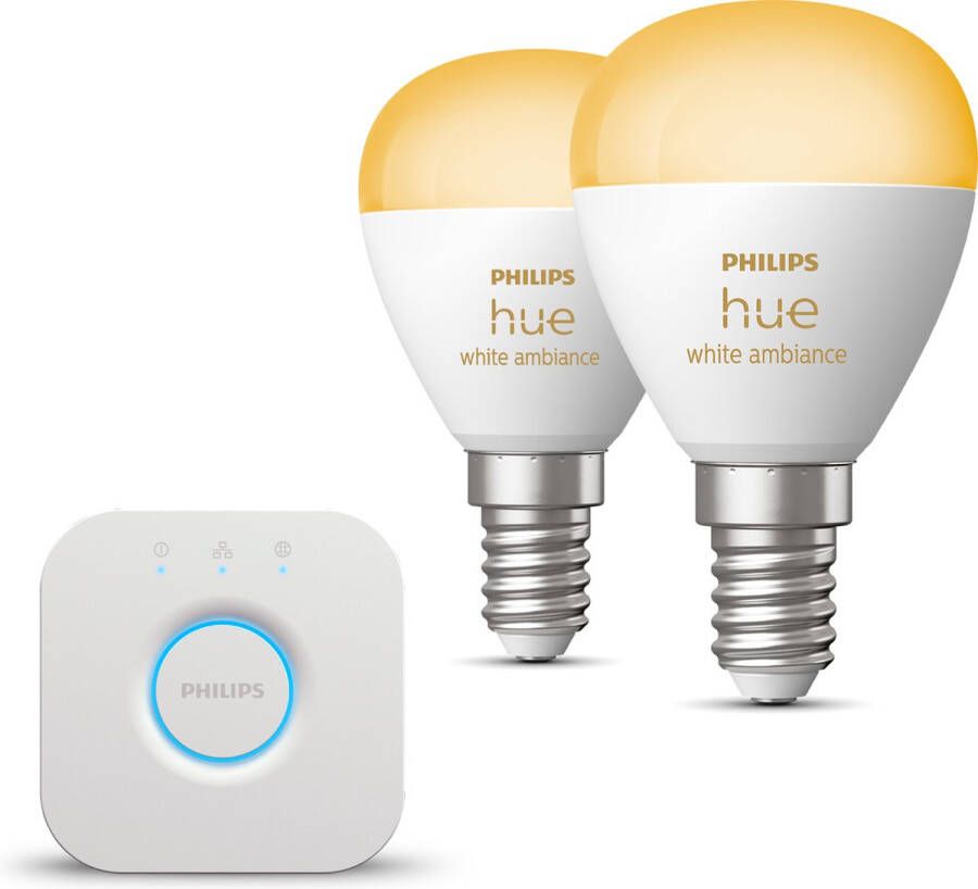 Philips Hue Starterspakket White Ambiance Kogellamp E14 2 Hue Lampen en Bridge Eenvoudige Installatie Werkt met Alexa en Google Home