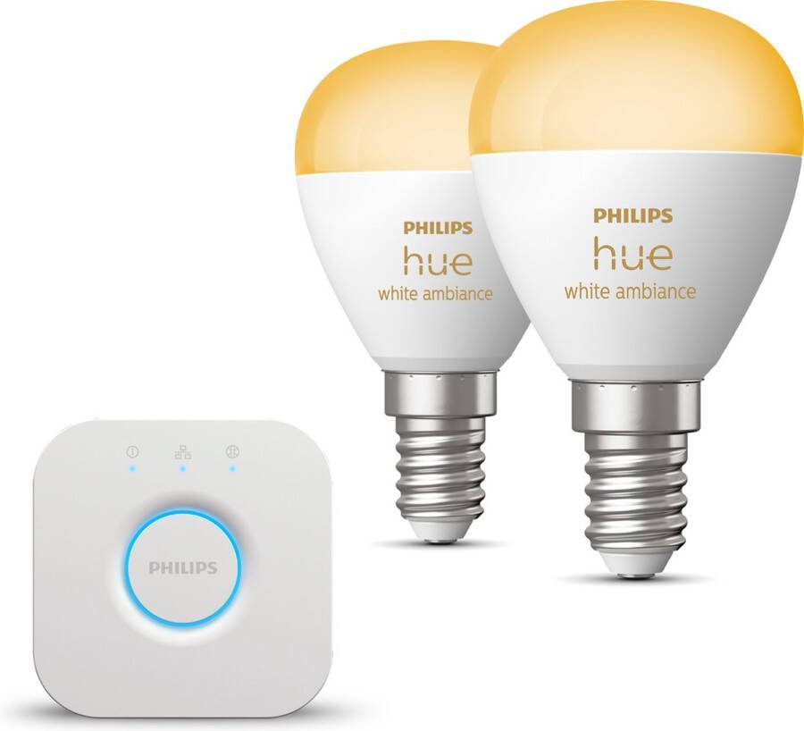 Philips Hue Starterspakket White Ambiance Kogellamp E14 2 Hue Lampen en Bridge Eenvoudige Installatie Werkt met Alexa en Google Home