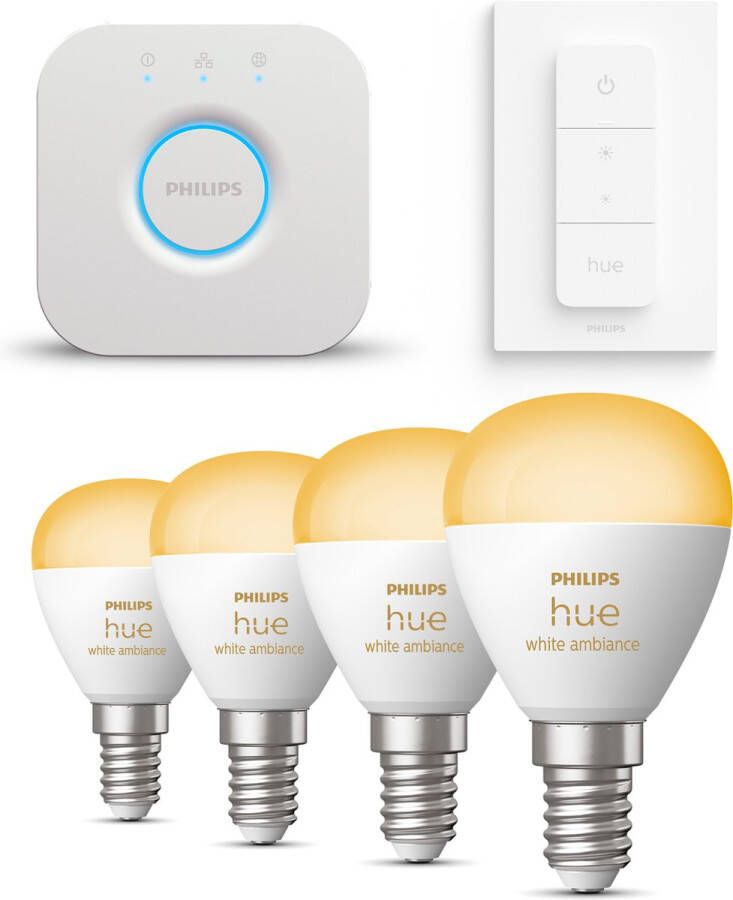 Philips Hue Starterspakket White Ambiance Kogellamp E14 4 Hue Lampen Bridge en Dimmer Switch Eenvoudige Installatie Werkt met Alexa en Google Home