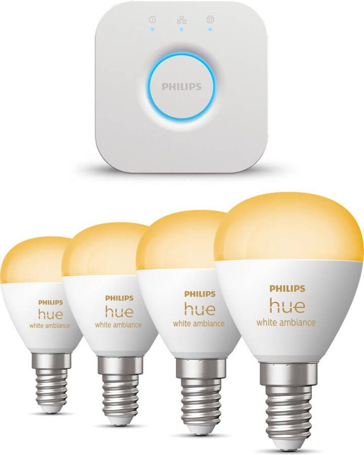 Philips Hue Starterspakket White Ambiance Kogellamp E14 4 Hue Lampen en Bridge Eenvoudige Installatie Werkt met Alexa en Google Home