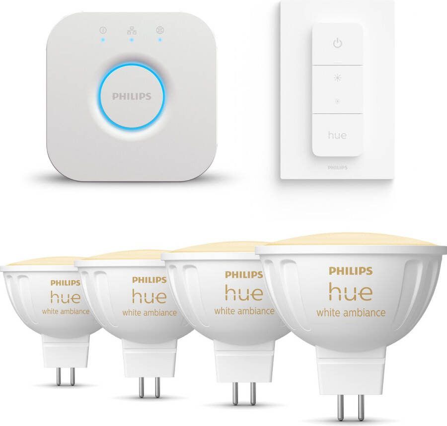 Philips Hue Starterspakket White Ambiance GU5.3 4 Hue Lampen Dimmer Switch en Bridge Eenvoudige Installatie Werkt met Alexa en Google Home