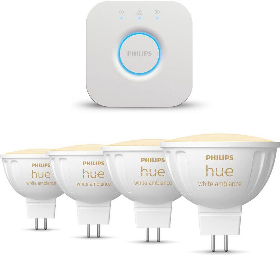Philips Hue Starterspakket White Ambiance GU5.3 4 Hue Lampen en Bridge Eenvoudige Installatie Werkt met Alexa en Google Home
