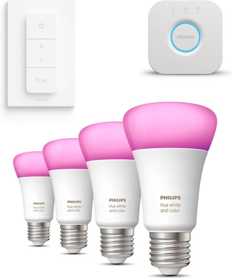 Philips Hue Starterspakket White and Color Ambiance E27 4 Hue LED Lampen Bridge en Dimmer Switch Eenvoudige Installatie Werkt met Alexa en Google Home