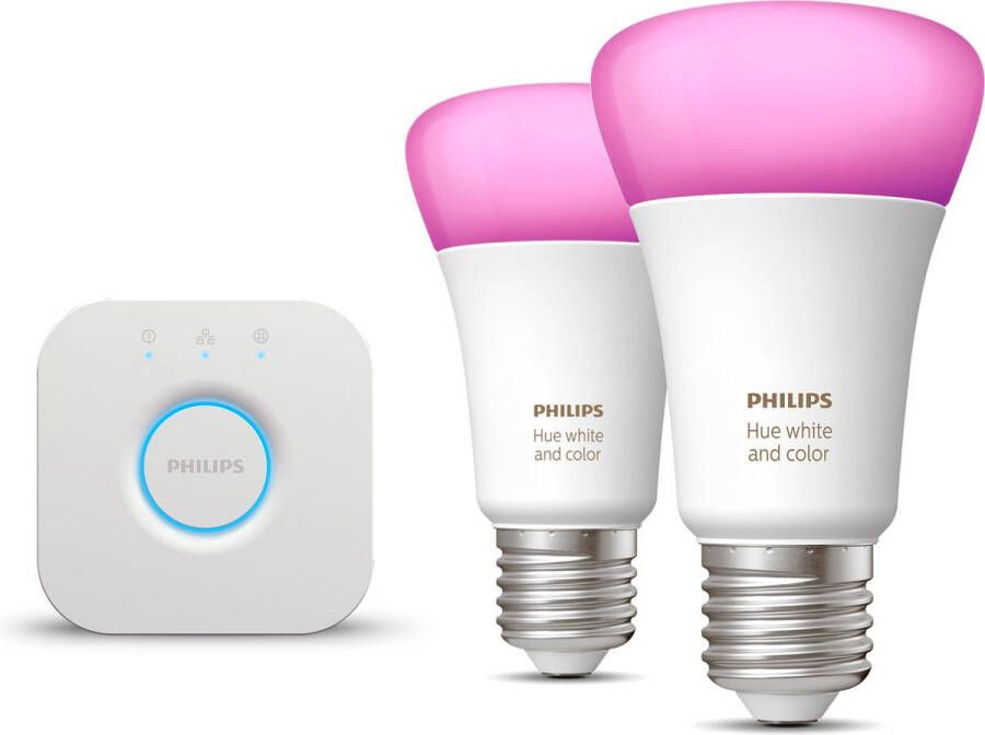 Philips Hue Starterspakket White and Color Ambiance E27 2 Hue LED Lampen en Bridge Eenvoudige Installatie Werkt met Alexa en Google Home