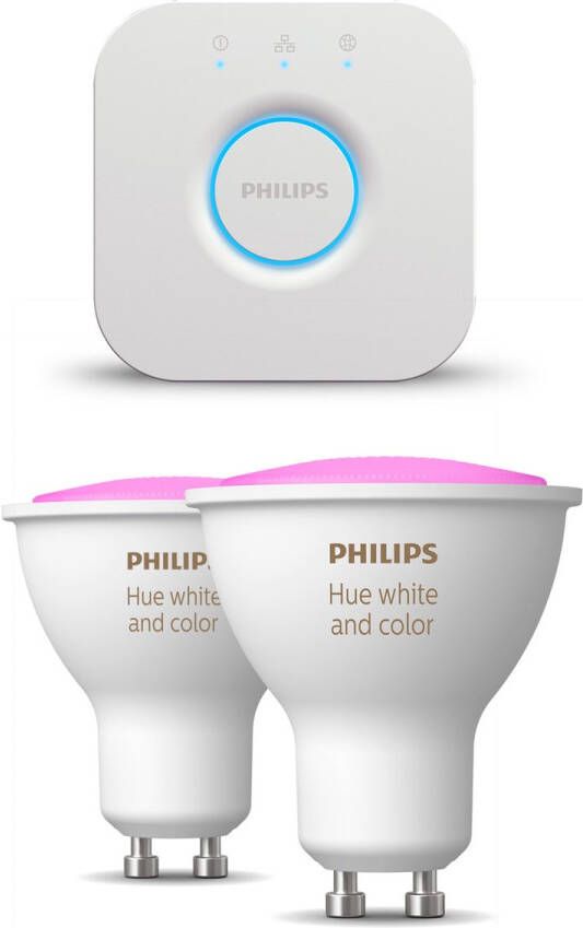 Philips Hue Starterspakket White and Color Ambiance GU10 2 Hue LED Lampen en Bridge Eenvoudige Installatie Werkt met Alexa en Google Hom