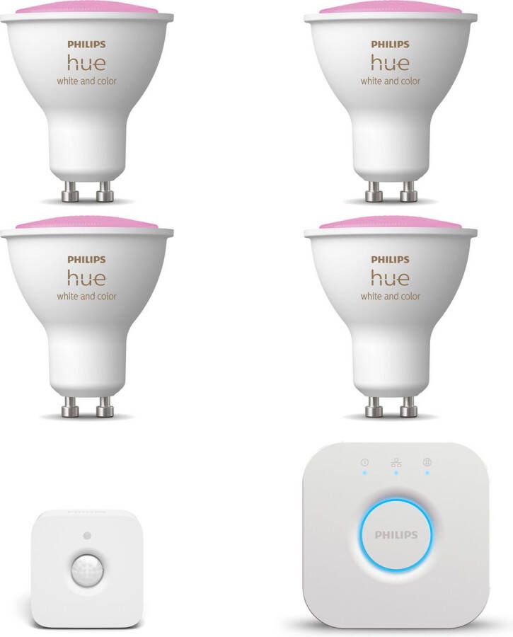 Philips Hue Starterspakket GU10 White and Color Ambiance 4 Hue GU10 lampen Bewegingssensor voor Binnen en Bridge Eenvoudige Installatie Werkt met Alexa en Google Home