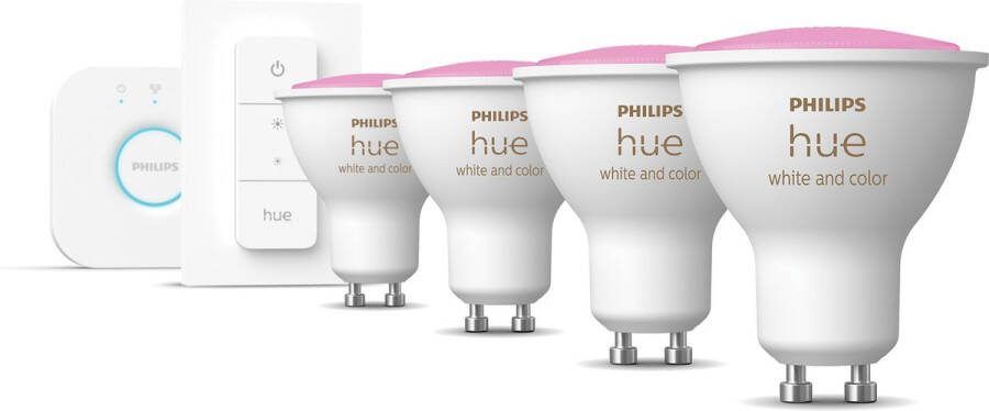 Philips Hue Starterspakket GU10 White and Color Ambiance 4 Hue GU10 Lampen Bridge en Dimmer Switch Eenvoudige Installatie Werkt met Alexa en Google Home