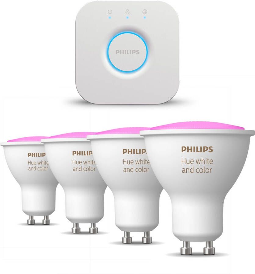 Philips Hue Starterspakket White and Color Ambiance GU10 4 Hue Lampen met Hue Bridge Werkt met Alexa en Google Home