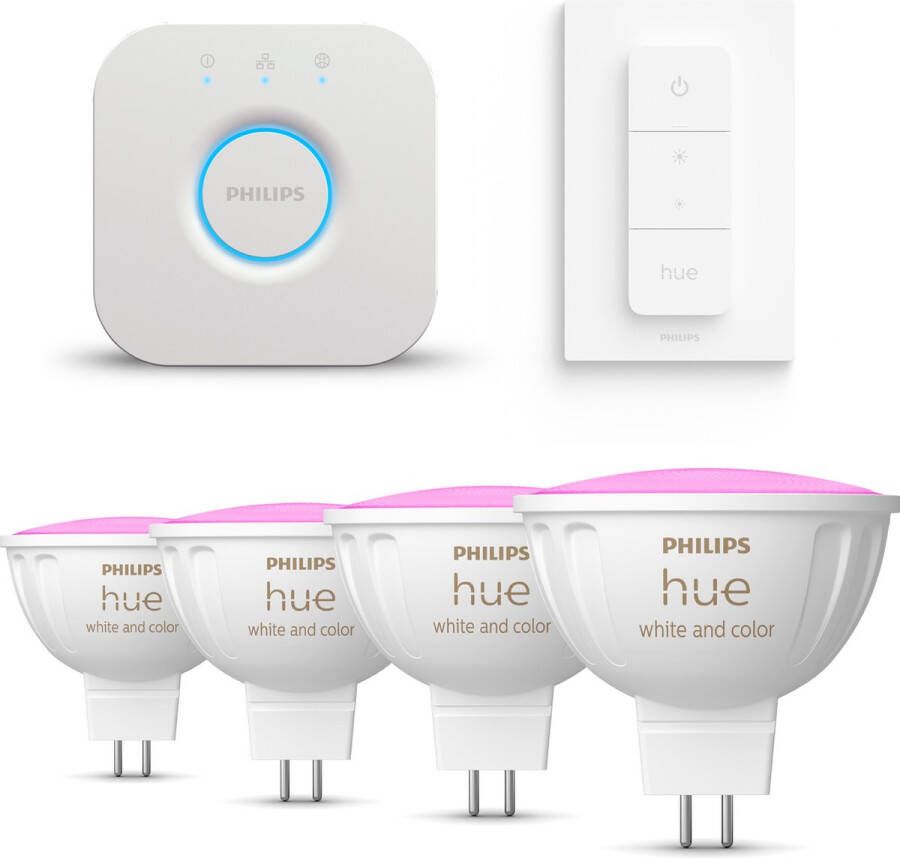 Philips Hue Starterspakket White and Color Ambiance GU5.3 2 Hue Lampen Dimmer Switch en Bridge Eenvoudige Installatie Werkt met Alexa en Google Home